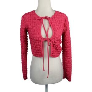Urban Outfitters Sylvie Bubble Knit Tie Front Top Pink Crop S